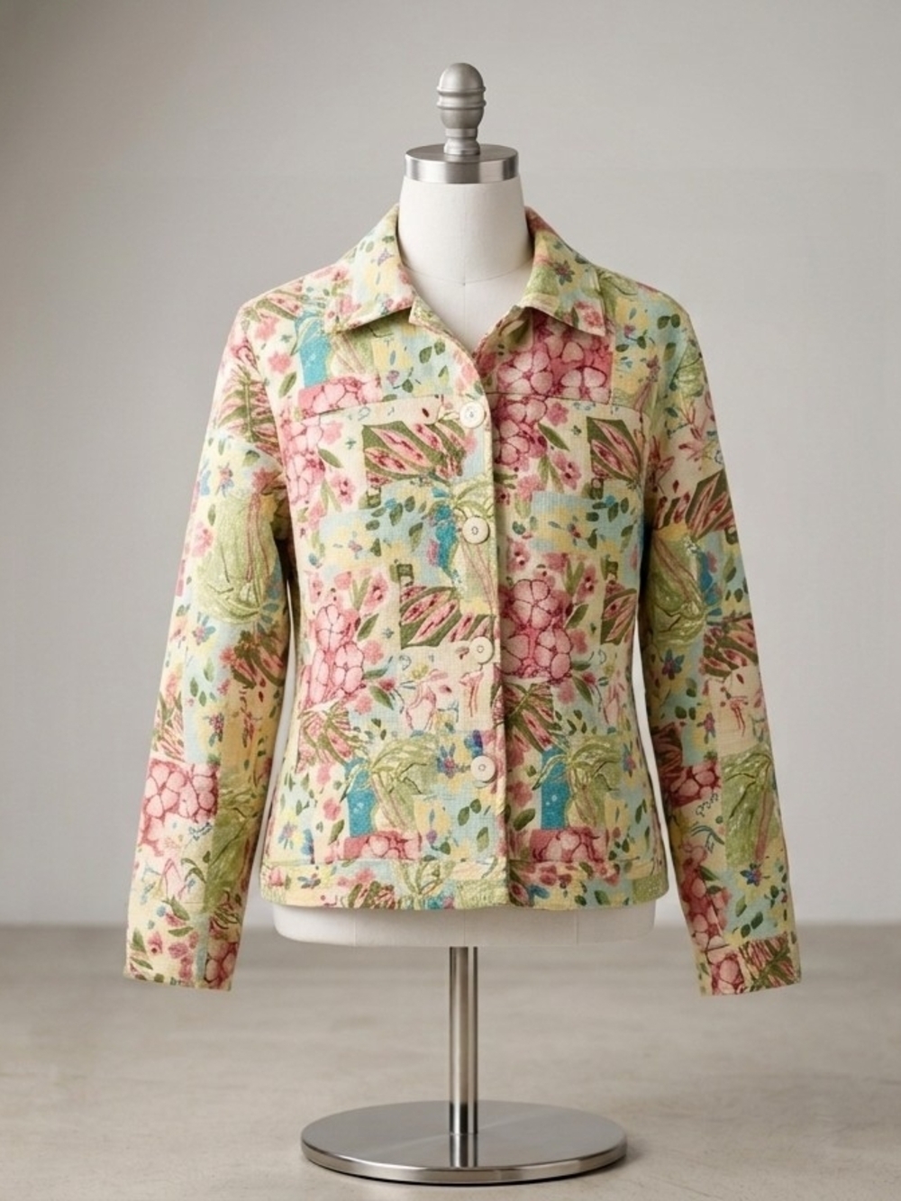 Coldwater Creek Pastel Floral Patchwork Button Jacket in Pink, Green & Blue (M)